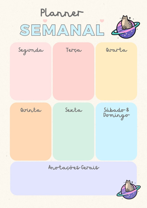 Documento a4 planner semanal delicado colorido